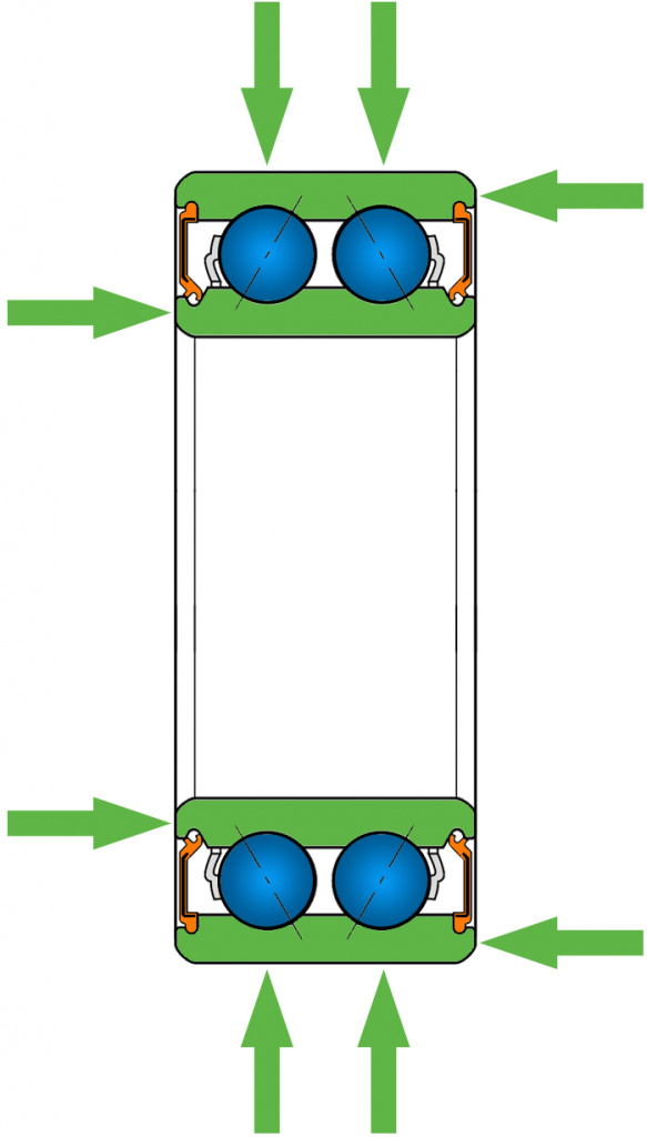 Двухрядный радиально-упорный шариковый подшипник. Схематический вид